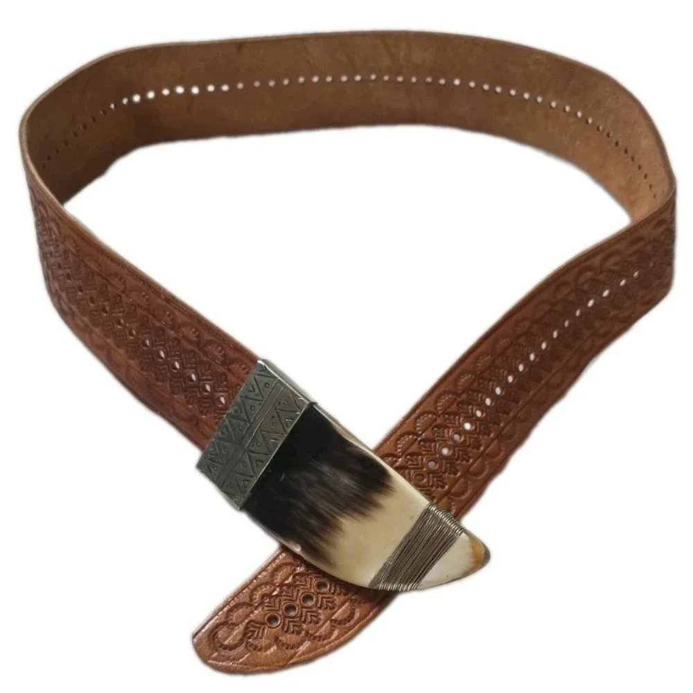 Four Winds VTG Moroccan Tooled Leather Belt Men Size 38 Handmade Horn Tip Gaucho